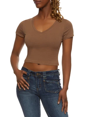 Womens Solid Cropped V Neck Tee,