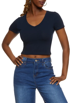 Womens Solid Cropped V Neck Tee,