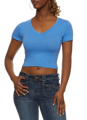 Womens Solid Cropped V Neck Tee,
