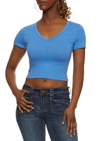 Womens Solid Cropped V Neck Tee,