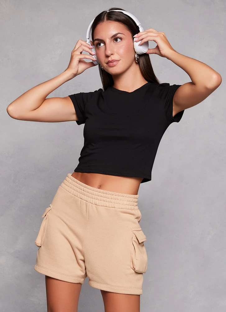 Womens Basic Crew Neck Cropped Tee,