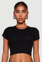 Womens Basic Ribbed Knit Cropped Tee, Black, Size M