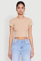 Womens Basic Ribbed Knit Cropped Tee,
