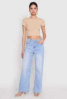 Womens Basic Ribbed Knit Cropped Tee,
