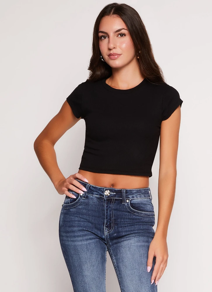 Womens Ambiance Ribbed Knit Crew Neck Crop Top,