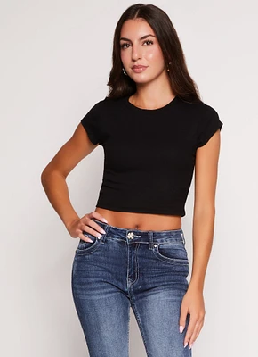 Womens Ambiance Ribbed Knit Crew Neck Crop Top,