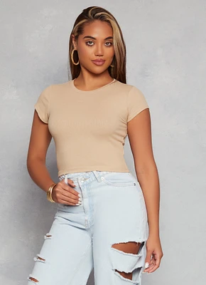 Womens Ambiance Ribbed Knit Crew Neck Crop Top,