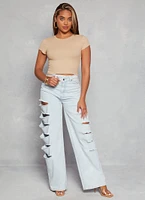 Womens Ambiance Ribbed Knit Crew Neck Crop Top,