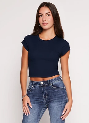 Womens Ambiance Ribbed Knit Crew Neck Crop Top,