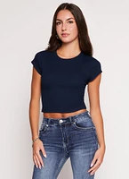 Womens Ambiance Ribbed Knit Crew Neck Crop Top, Blue, Size S