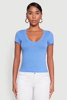 Womens Solid V Neck Short Sleeve Tee,