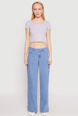 Womens Waffle Knit Short Sleeve Crop Top,