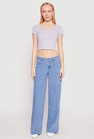 Womens Waffle Knit Short Sleeve Crop Top,