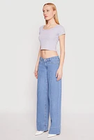 Womens Waffle Knit Short Sleeve Crop Top,