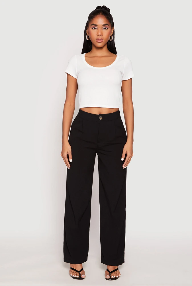 Womens Waffle Knit Short Sleeve Crop Top, White,