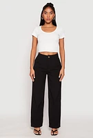 Womens Waffle Knit Short Sleeve Crop Top, White,