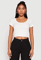 Womens Waffle Knit Short Sleeve Crop Top, White,