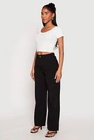 Womens Waffle Knit Short Sleeve Crop Top, White,