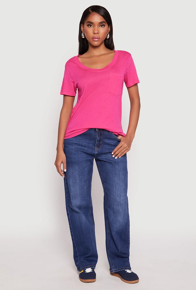 Womens Scoop Neck Pocket T Shirt, Pink,