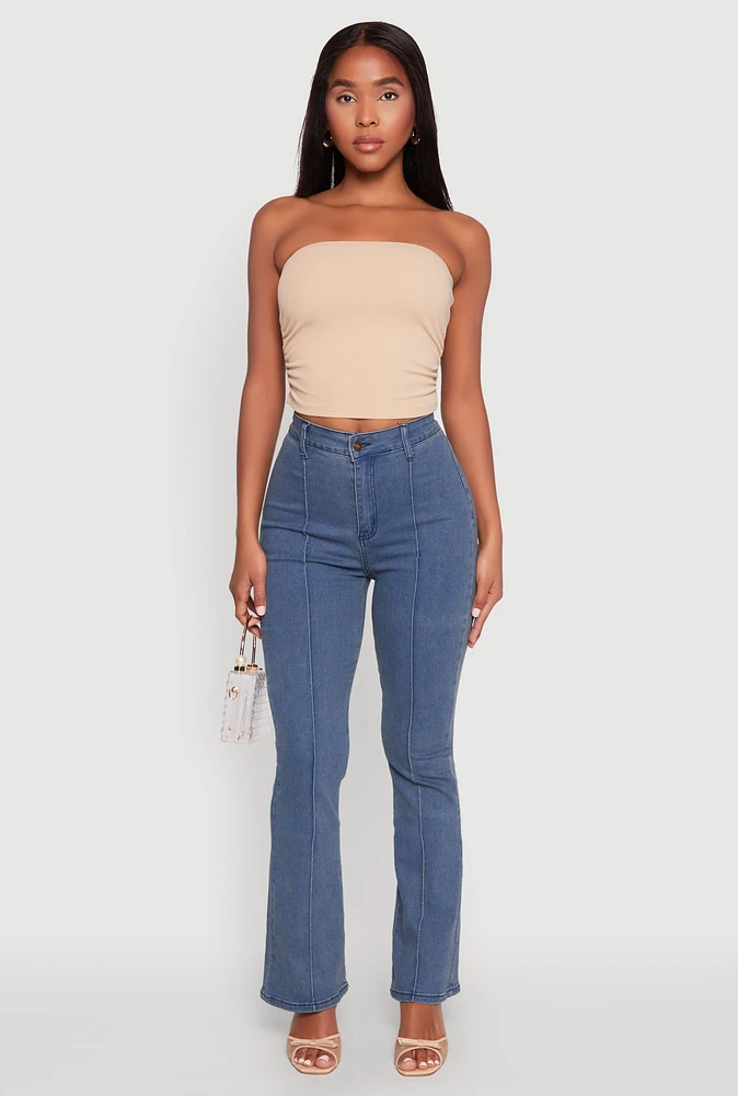 Womens Side Ruched Cropped Tube Top, Beige, Size L