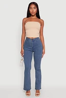 Womens Side Ruched Cropped Tube Top, Beige, Size L