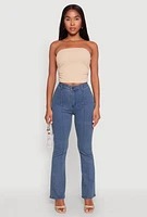 Womens Side Ruched Cropped Tube Top, Beige, Size L