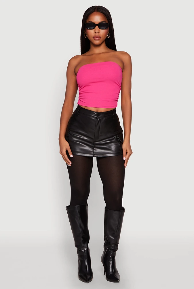 Womens Side Ruched Cropped Tube Top, Pink, Size L
