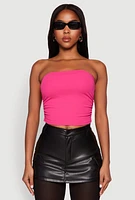 Womens Side Ruched Cropped Tube Top, Pink, Size L