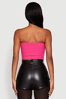 Womens Side Ruched Cropped Tube Top, Pink, Size L