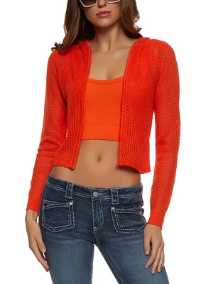 Womens Pointelle Zip Front Hoodie, Orange, Size L