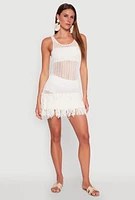 Womens Crochet Fringe Sleeveless Top, White, Size M