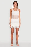 Womens Crochet Fringe Sleeveless Top, White, Size M