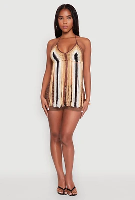 Womens Crochet Striped Fringe Halter Top,