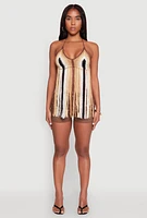 Womens Crochet Striped Fringe Halter Top, Multi,