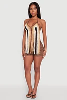 Womens Crochet Striped Fringe Halter Top, Multi,