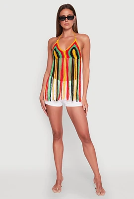 Womens Crochet Striped Fringe Halter Top, Multi, Size L