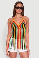 Womens Crochet Striped Fringe Halter Top, Multi, Size L