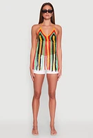 Womens Crochet Striped Fringe Halter Top, Multi, Size L