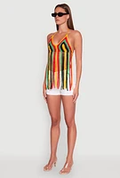 Womens Crochet Striped Fringe Halter Top, Multi, Size L