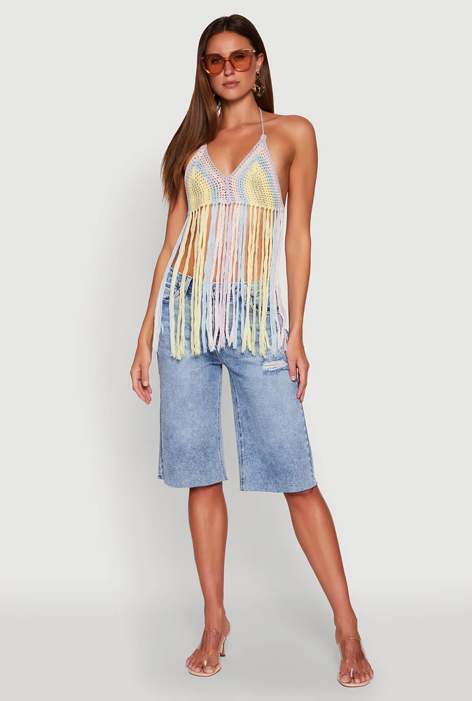 Womens Crochet Striped Fringe Halter Top,