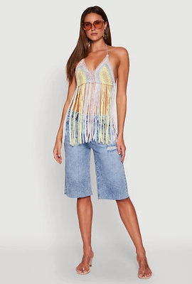 Womens Crochet Striped Fringe Halter Top,