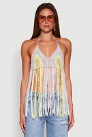 Womens Crochet Striped Fringe Halter Top,