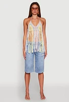 Womens Crochet Striped Fringe Halter Top,
