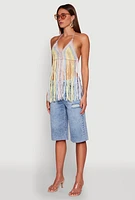 Womens Crochet Striped Fringe Halter Top,