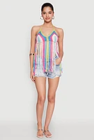 Womens Crochet Striped Fringe Halter Top,