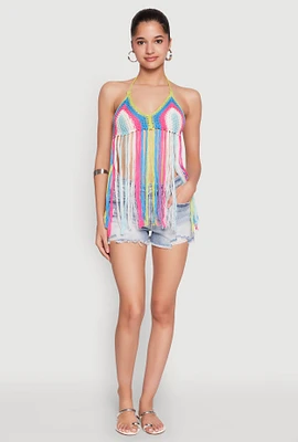 Womens Crochet Striped Fringe Halter Top,