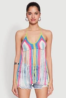 Womens Crochet Striped Fringe Halter Top,