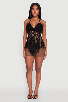 Womens Tie Back Crochet Fringe Halter Top,