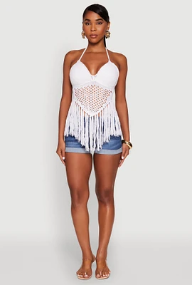 Womens Tie Back Crochet Fringe Halter Top, White, Size M