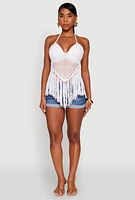 Womens Tie Back Crochet Fringe Halter Top, M